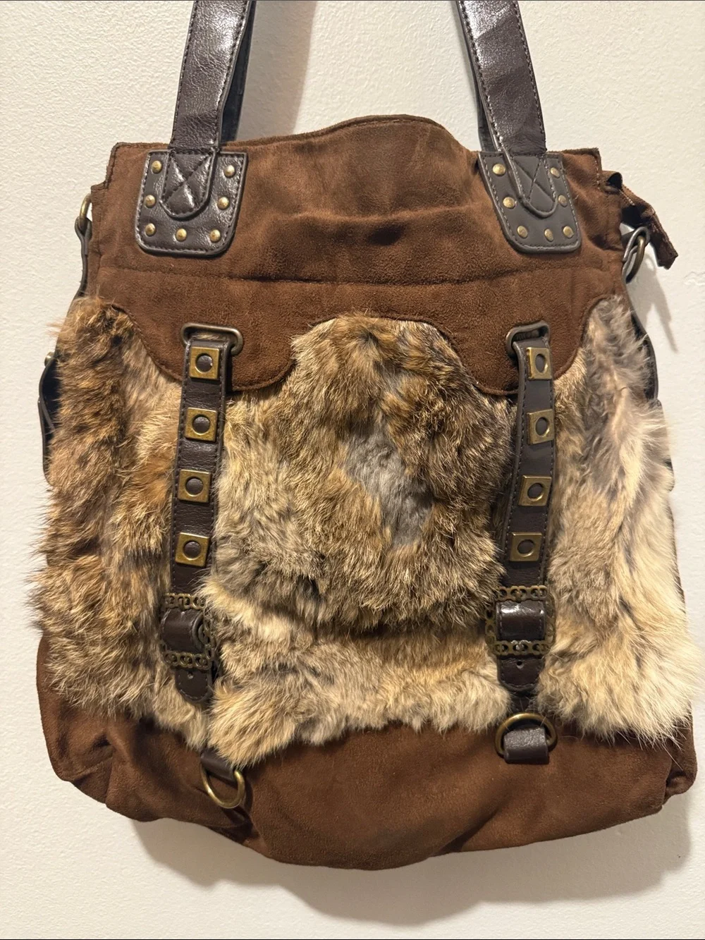 Brown Fur Accent Tote Bag Women's Shoulder Bag